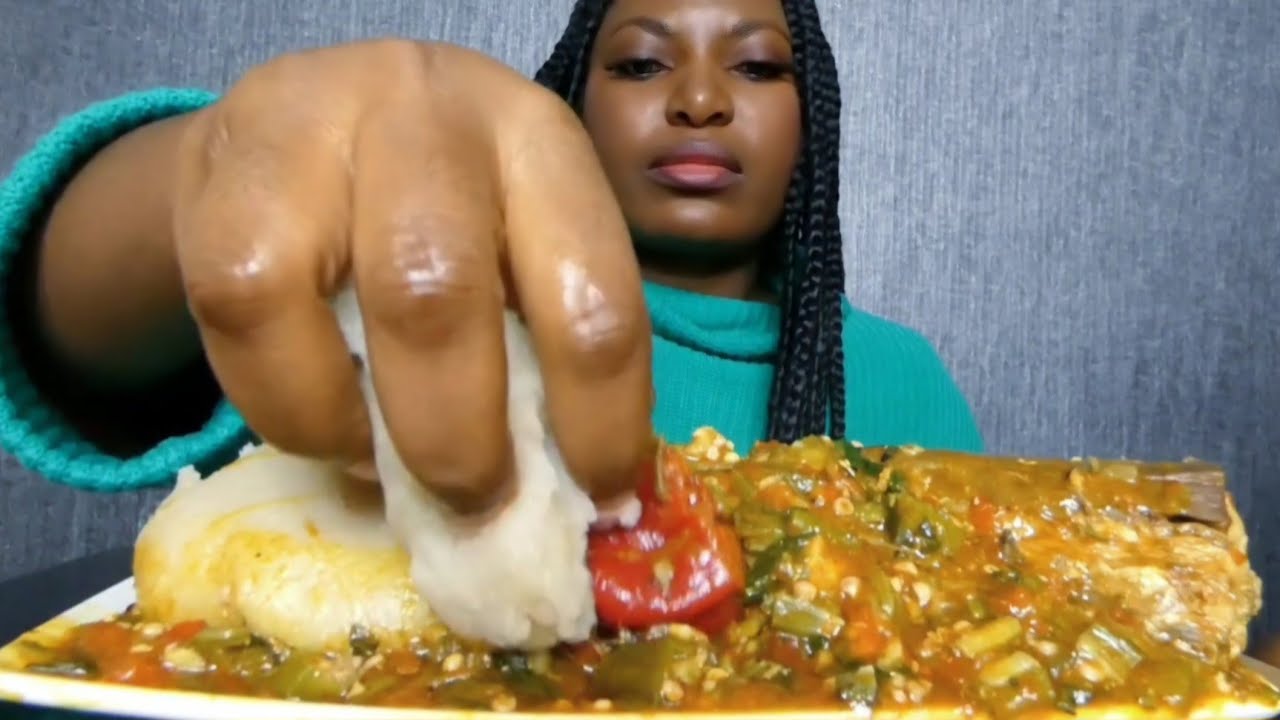 asmr mukbang fish okra soup with fufu