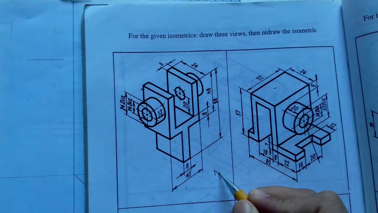 رسم هندسى،تطبيقات على الأيزوميترك واستنتاج المساقط الثلاثة Engineering Drawing