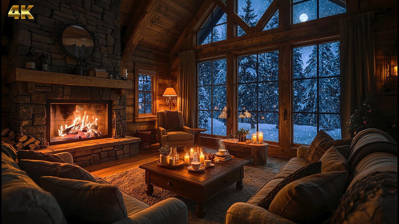 ❄️ Nieve Nocturna en Cabaña 4K + Chimenea 🔥 | Cozy Jazz Music for Sleep & Relax (No Talking)