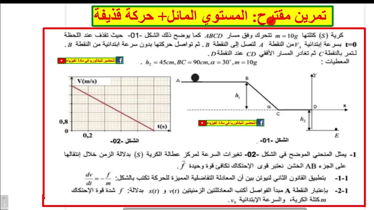 تمرين مقترح : المستوي المائل + دراسة حركة قذيفة