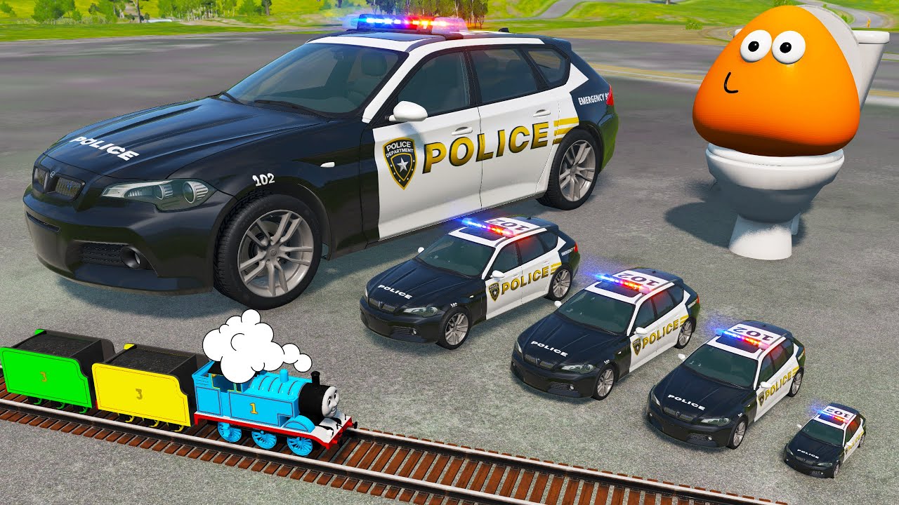 Big & Small All Police Cars with Long Stairs - Police Cars Rescue Small Cars - BeamNG.drive