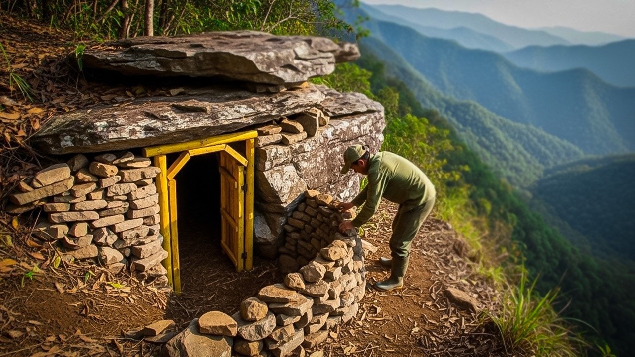 Building cozy shelter beneath the large rock, survival find nature food, From Start To Finish