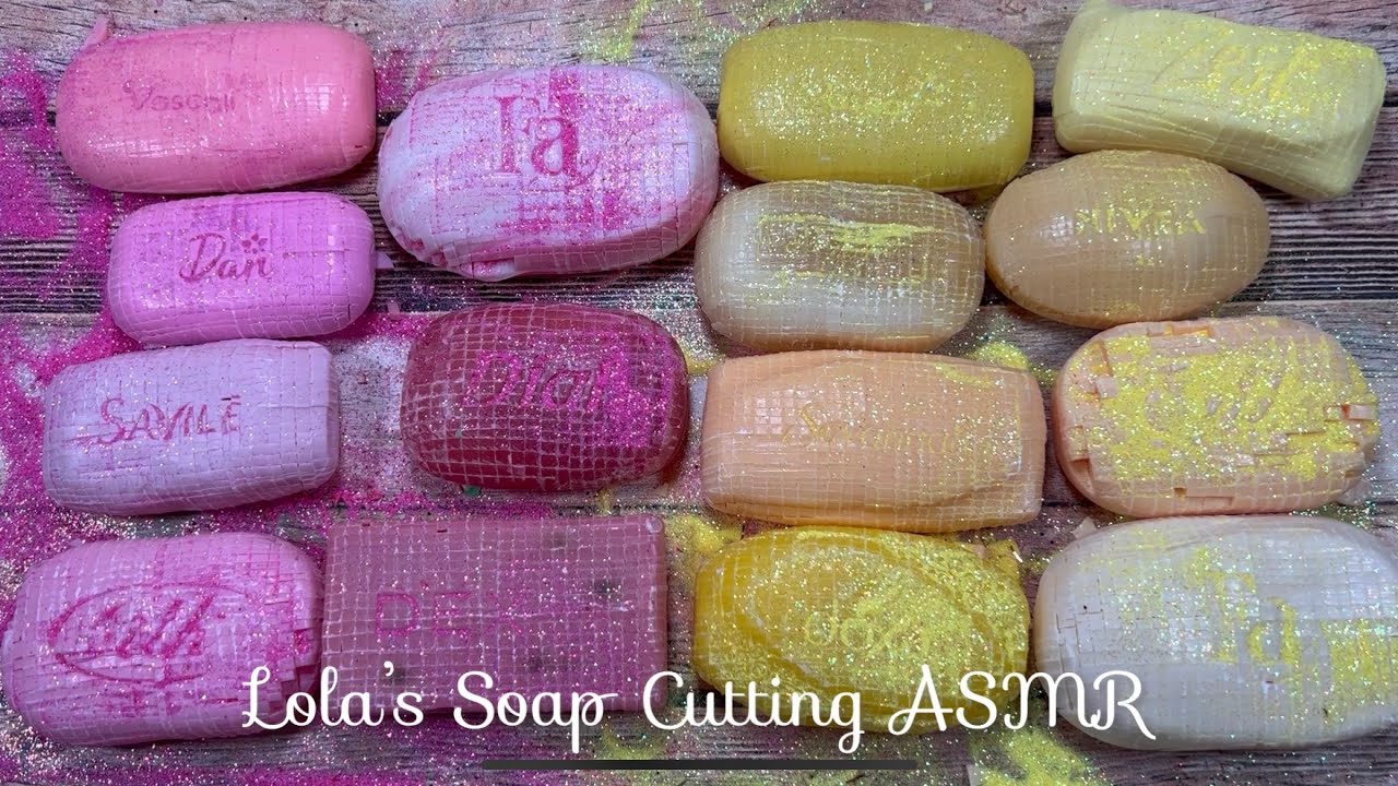 ASMR Soap cube cutting, Pink Lemonade set, Part 3!! Pink and yellow soap cubes 💗💛🎀🍋