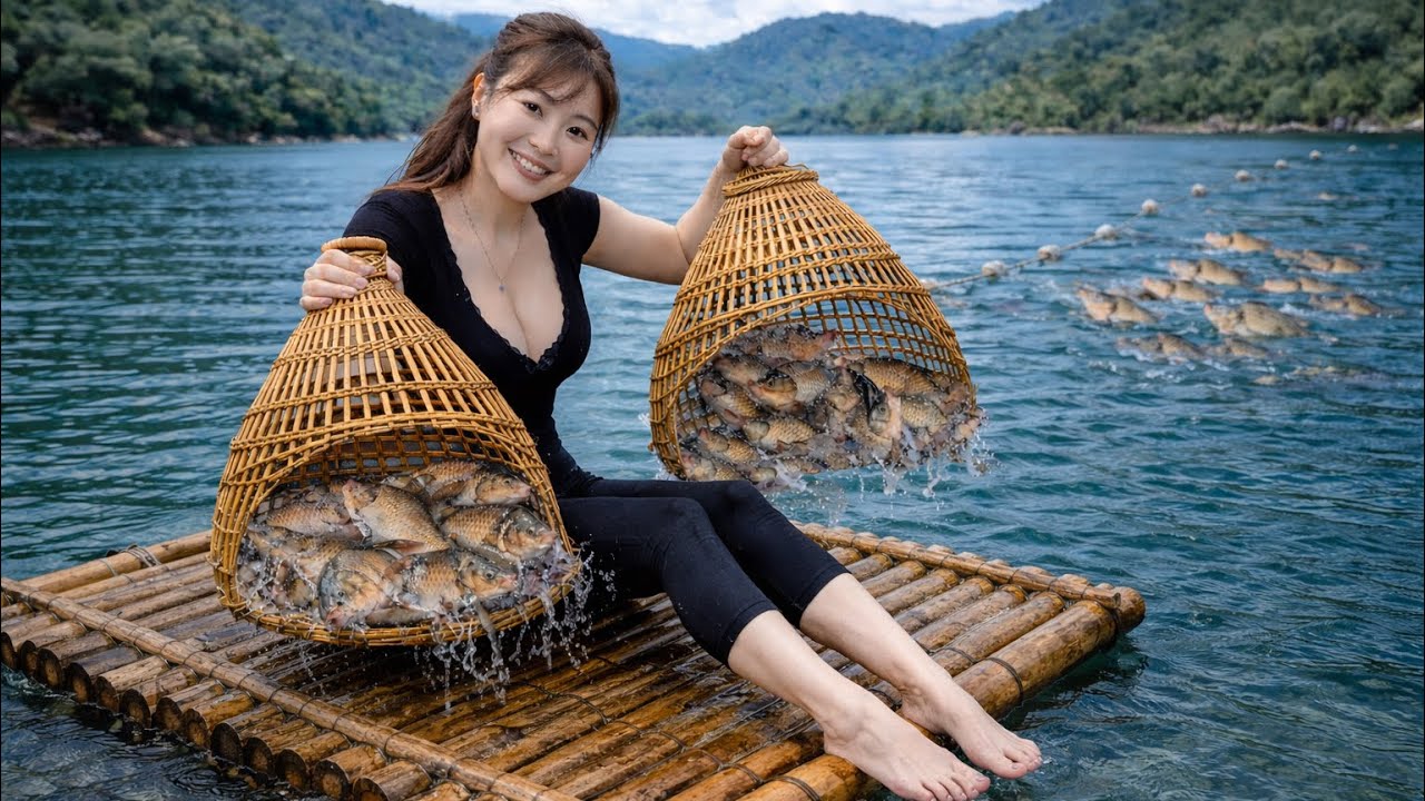 Beautiful Girl Living by Fishing on a Massive Lake &ndash; Primitive Techniques