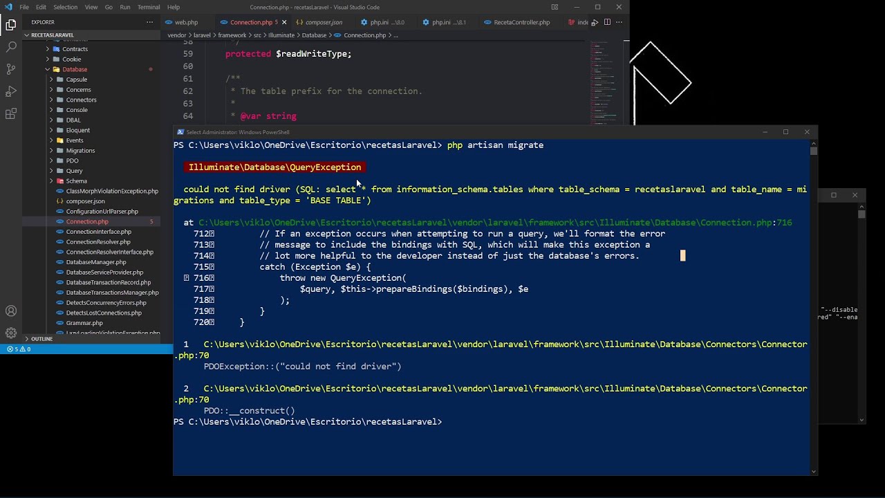 Soluci&oacute;n a error | could not find driver (SQL: select * from information_schema.tables where...)