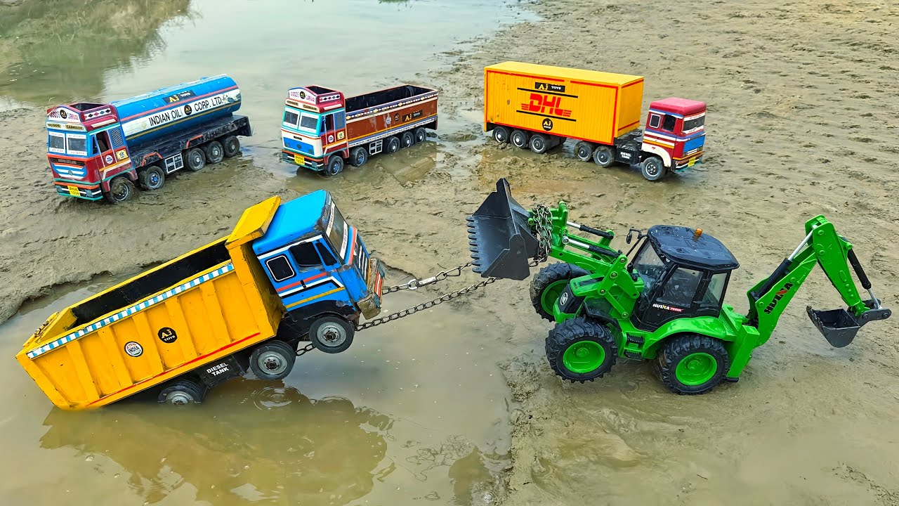 JCB Tractor Cartoon Video | New TATA Tipper Volvo Truck Muddy Accident Pulling Out JCB 3DX | AJ TOYS