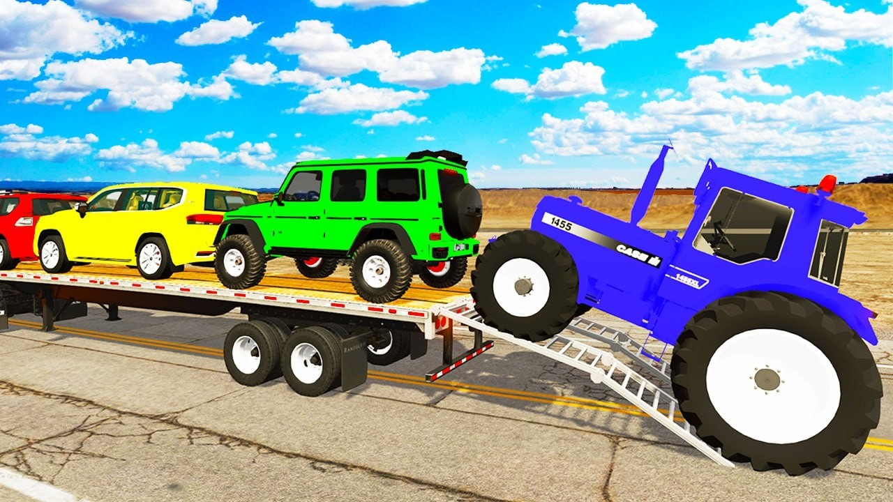 TRANSPORTING PIXAR CARS & FRUITS WITH COLORED & JOHN DEERE vs CLAAS vs TRACTORS - BeamNG.drive