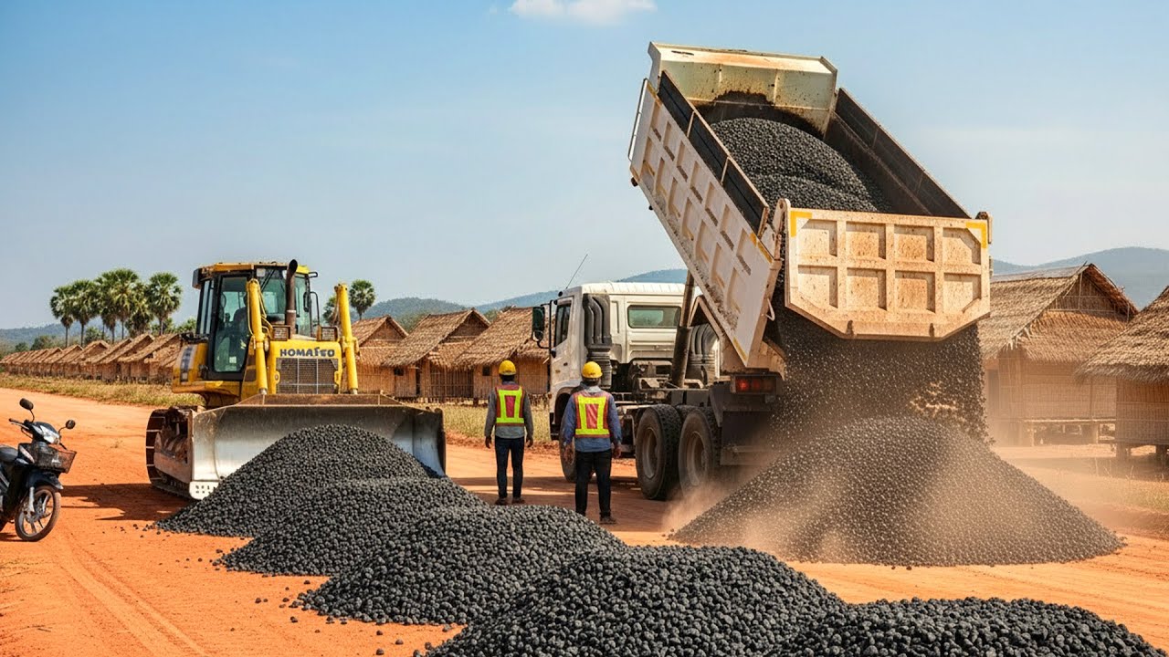 Fresh piles of dark gray crushed stone gravel | Coordinated Road Construction in a Rural Landscape