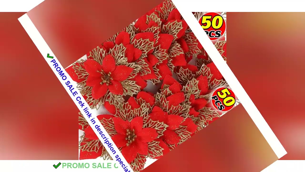 50/5pcs Christmas Artificial Flower Red Glitter Poinsettia DIY Wreath Xmas Tree Ornaments Floral Wed