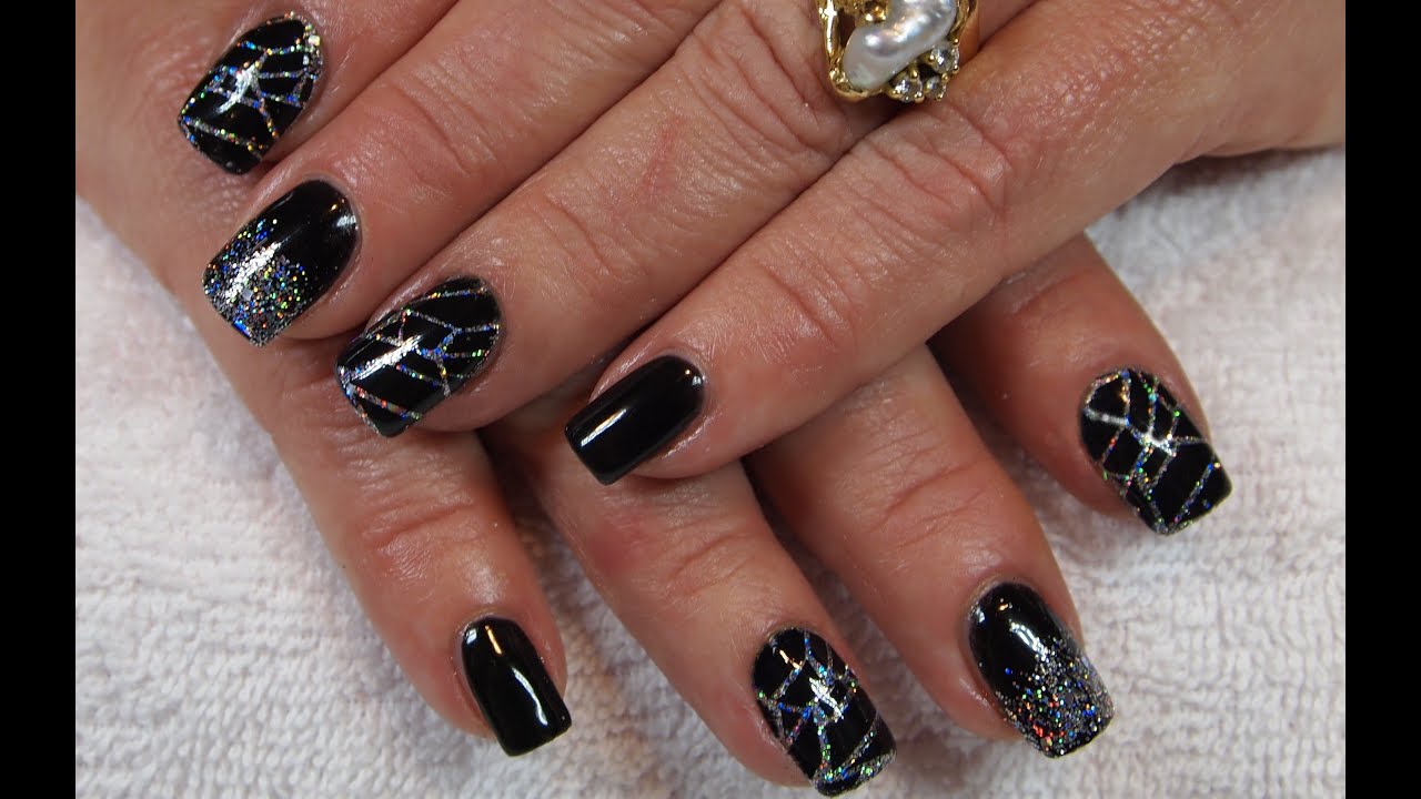 Stunning Black Gel Nails with Holo Silver Glitter & Stamping