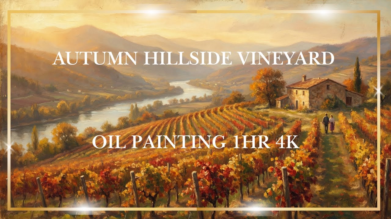Autumn Hillside Vineyard Oil Painting 4K (1HR) – Golden Vines, River & Sunset | Relaxing TV Art