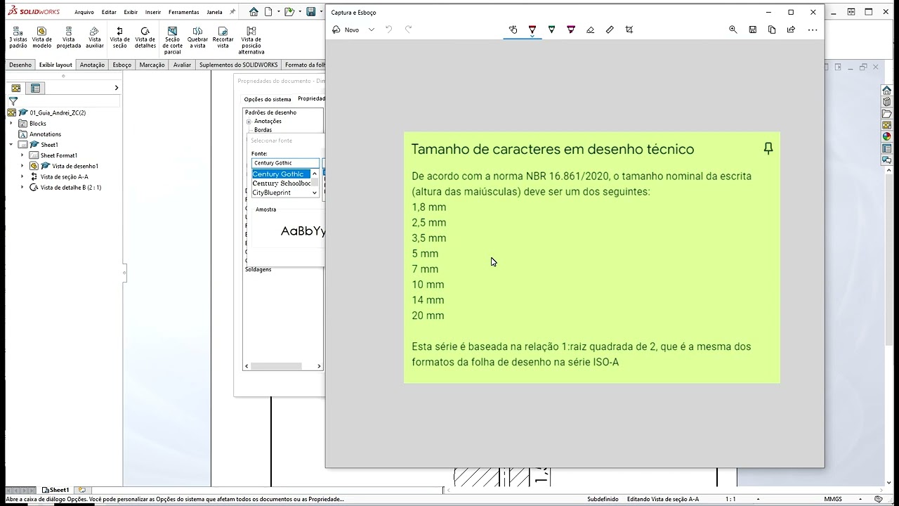 Como mudar o tamanho de setas e fontes de texto em cotas e vistas na folha de desenho no SolidWorks