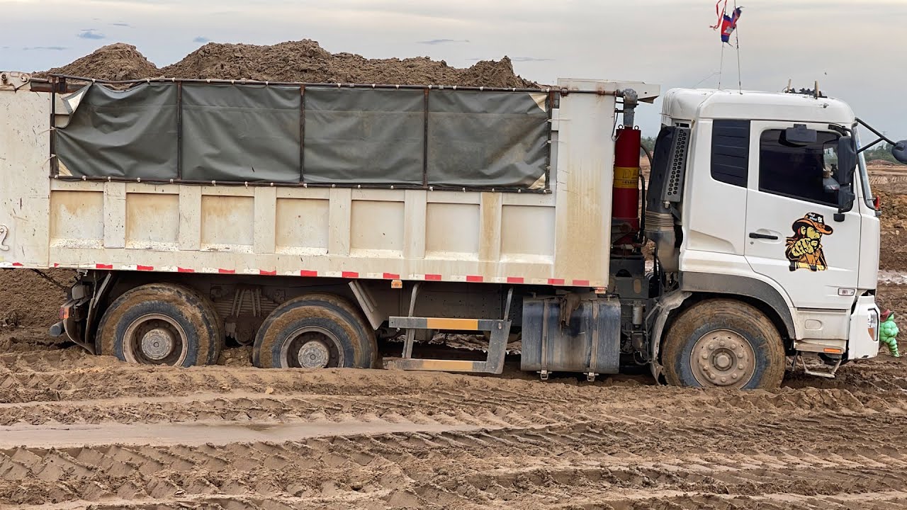 Dump Truck Transport Soil Sand Stuck ,Bulldozer Push Soil Pour Fill