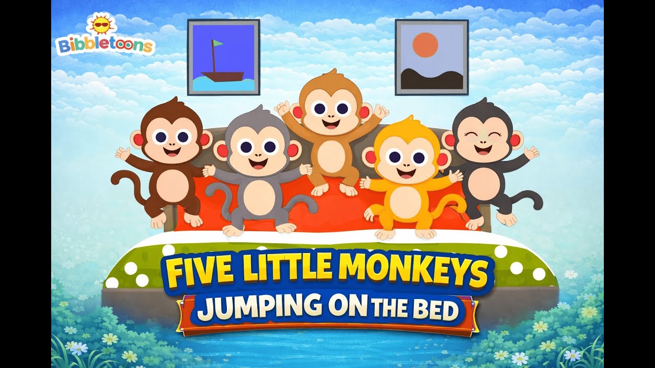 5 Little Monkeys Jumping on the Bed 🐒🛏️ | Fun Kids Rhyme | Animated Song