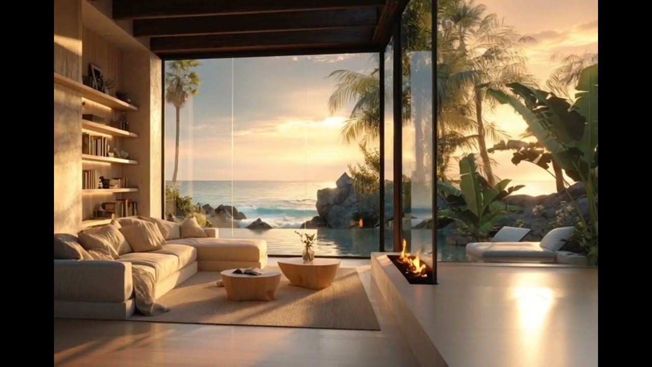 Luxury Beach Villa Fireplace Ambience 🌊 Bossa Nova Jazz, Sound of Ocean Waves and Fireplace ASMR