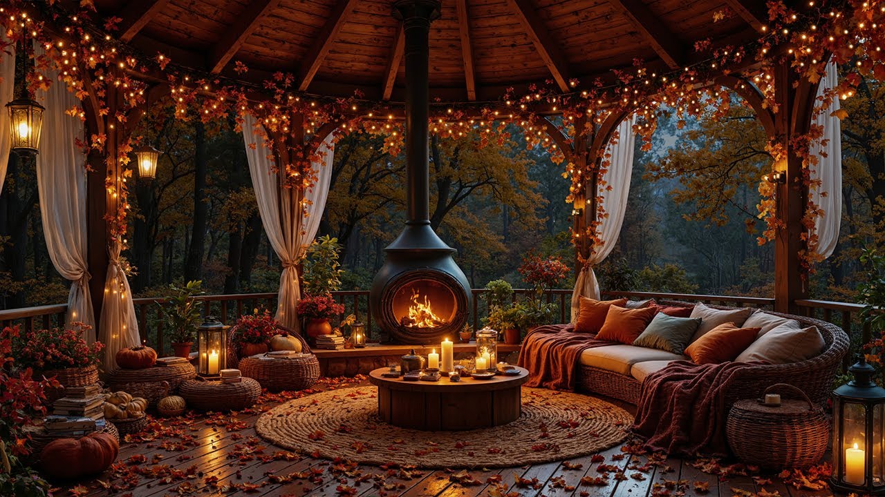 Unwind on the Autumn Porch 🍂 Smooth Jazz, Gentle Rain Sounds & the Warm Glow of a Fireplace