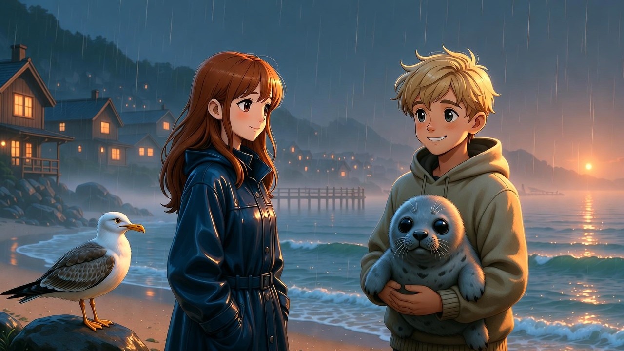 Coastal Rain Evening 🌧️🌊 | Warm Soup, Gentle Waves & Cozy Lights | Ghibli-Style ASMR for Sleep