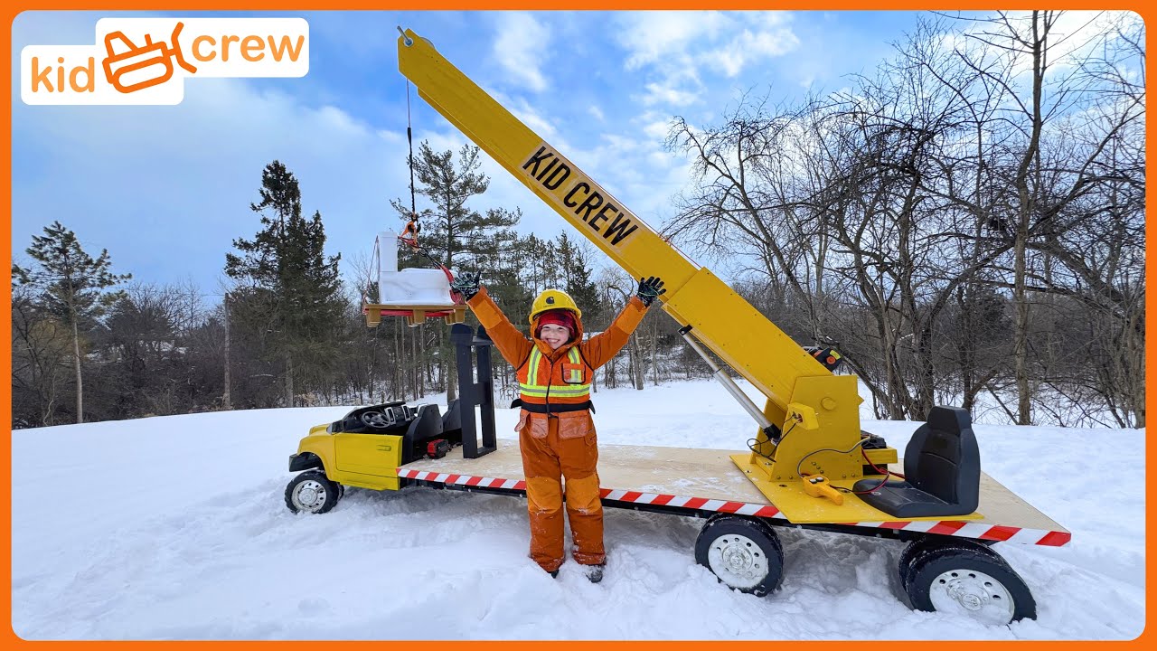 Lifting toilet with kids ride on crane truck at construction site. Educational | Kid Crew