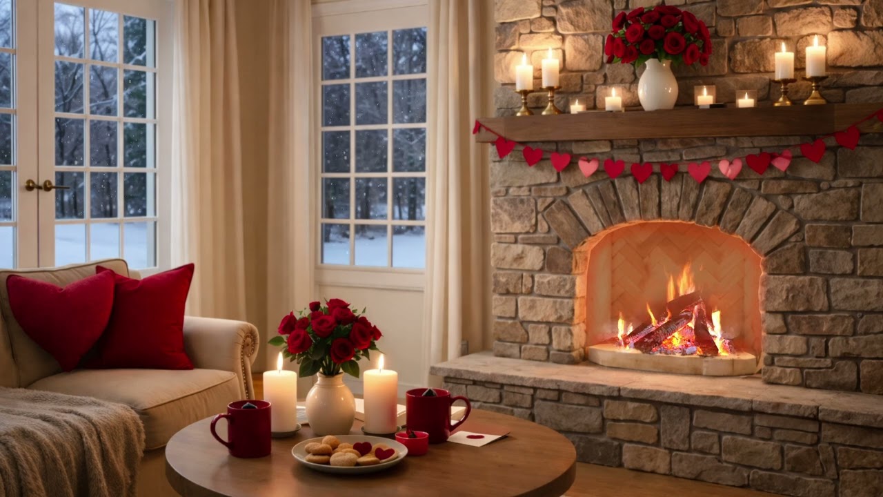 Valentine Living Room ❤️🔥 Soft Jazz, Fireplace Crackling & Snow Falling Ambience