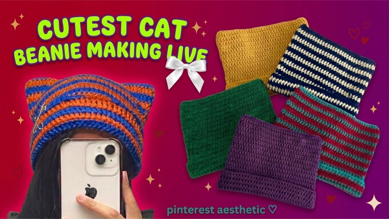 🔴 LIVE Crochet Cat Ear Beanie Tutorial 🐱 | Easy Crochet Cat Beanie for Beginners