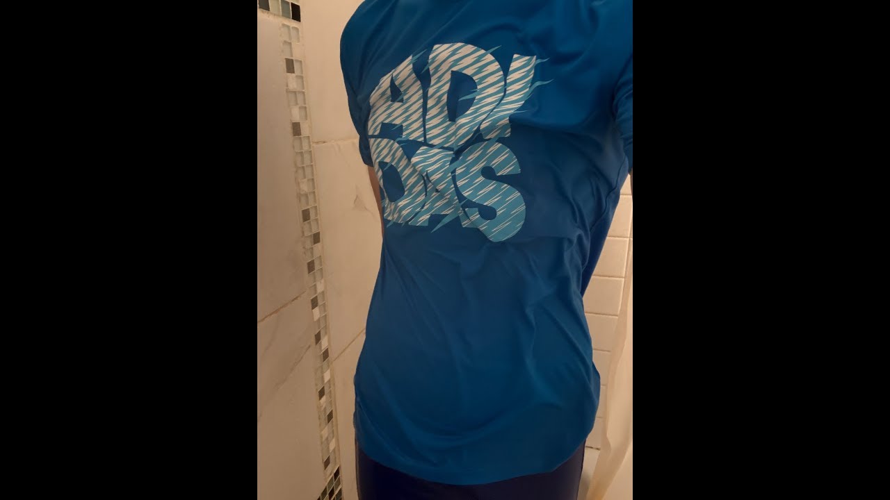 Wet Blue Adidas Shirt and Blue Adidas Leggings Soaked in The Shower
