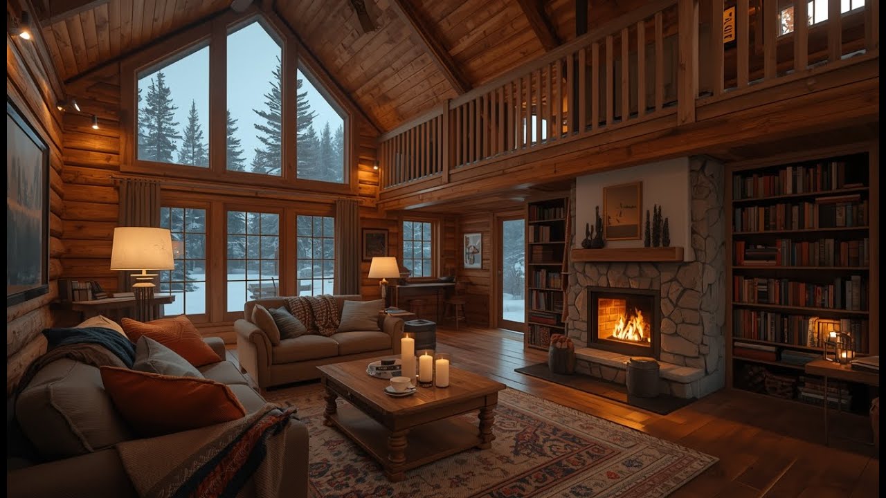 Morning Cozy Cabin Jazz ☕ Snowy Window & Fireplace