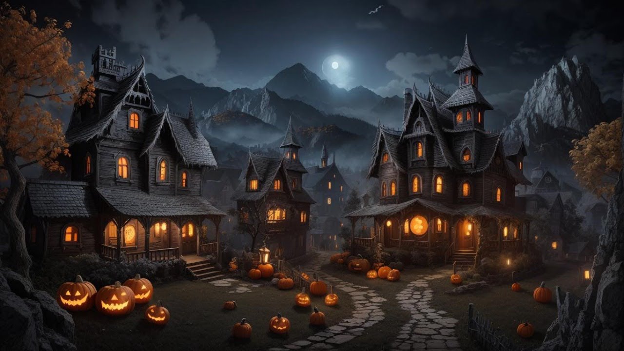 Spooky Halloween Village Ambience 🎃 Rain, Thunder, Spooky Music, Nature Sounds