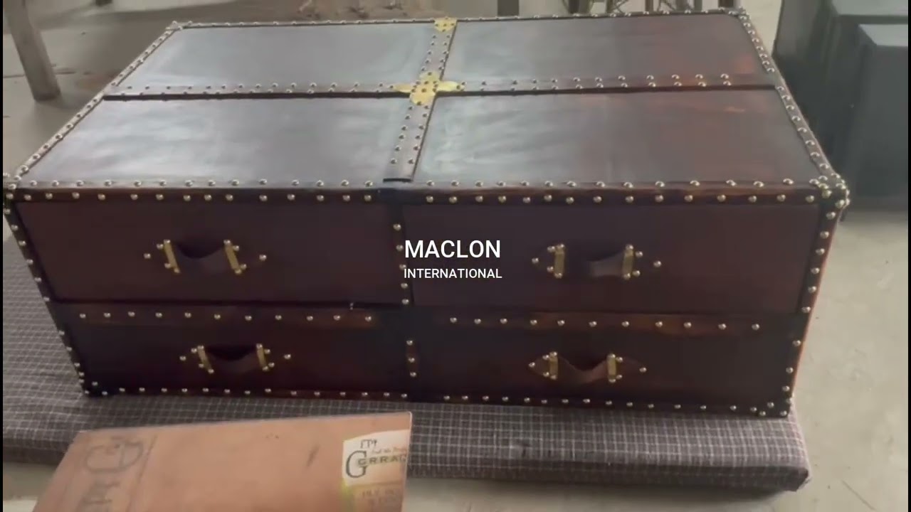Leather Vintage Streamer Storage Trunk Coffee Table ,Maclon International