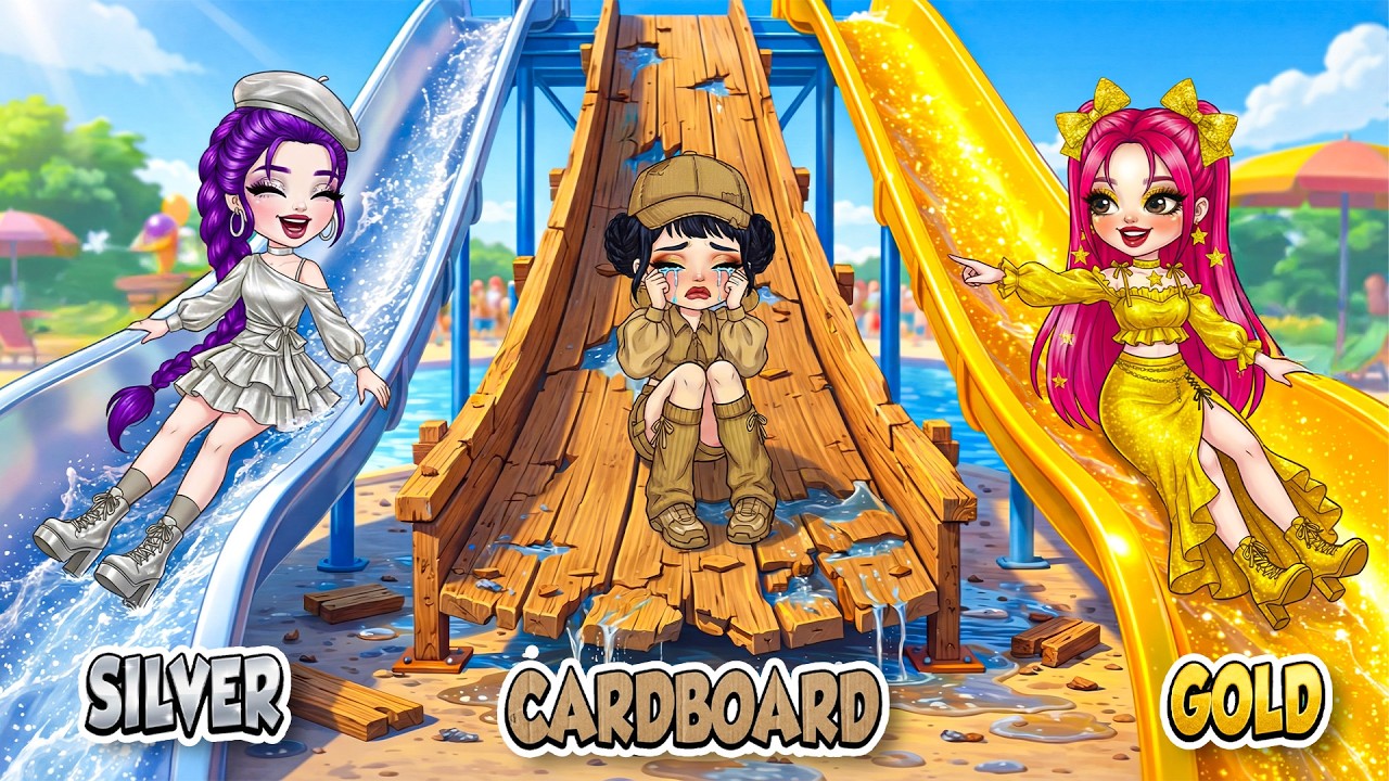 RICK VS POOR Water Slide Challenge! Huntrix Glow up in Wood, Silver & Golden Outfit Fashion