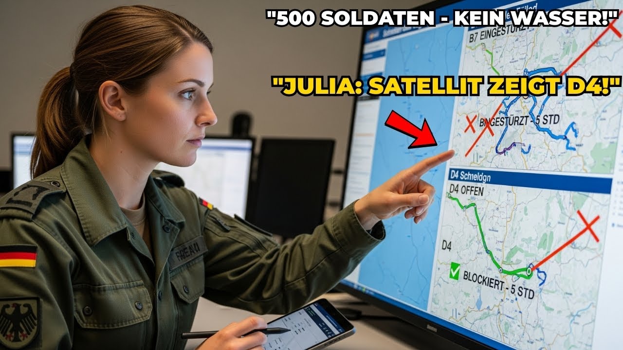 "6 Std 500 Soldaten ohne Wasser, Routen falsch — Julia: 'Satellit zeigt, D4 offen!'"
