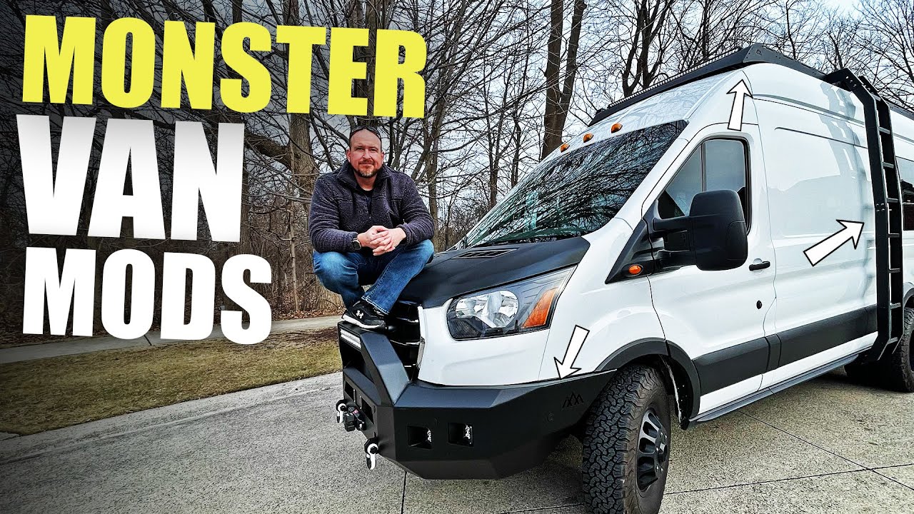 MONSTER Van Mods : Bumper with Bull Bar, DRIFTR Rack, Ladder, Pathfinder Lights, and WARN Winch