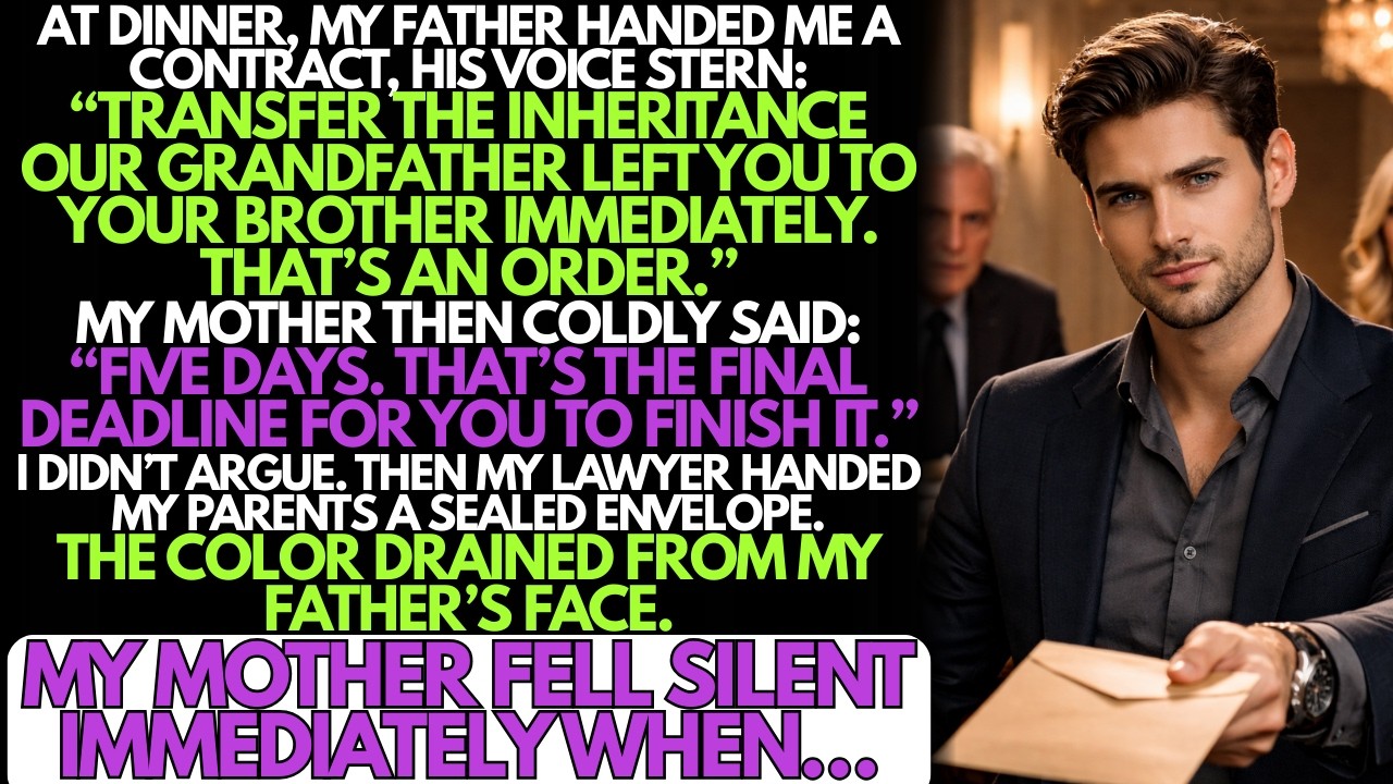 At dinner, my parents said, Five days  That's the deadline to transfer his estate  Then my lawyer…