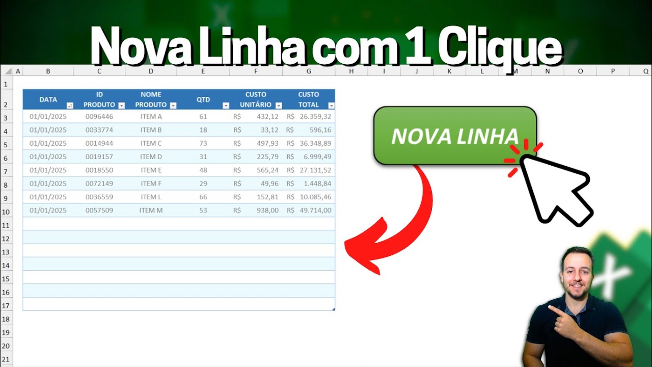Automaticamente Adicionar Novas Linhas em Tabela Excel Clicando num Botão