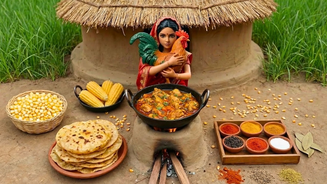 🍗🔥Miniature Doll Roasted Village Rooster Curry & Puffy Flatbread Cooking ASMR | Indian Village