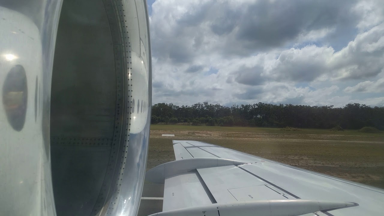 Alliance Airlines Fokker F70 takeoff from Bundaberg view from cabin by the engine