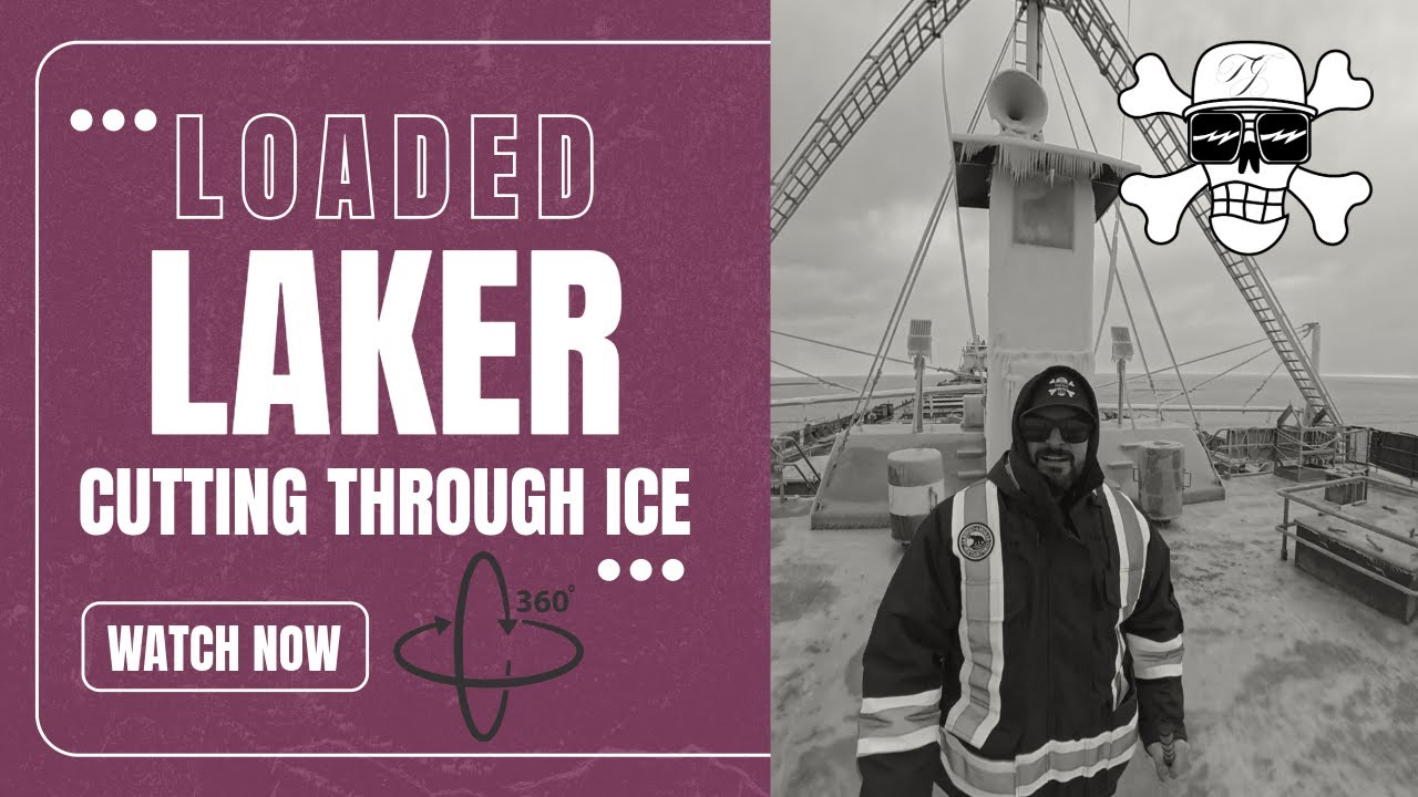Bow View Through Ice &ndash; Loaded Freighter on Lake Erie