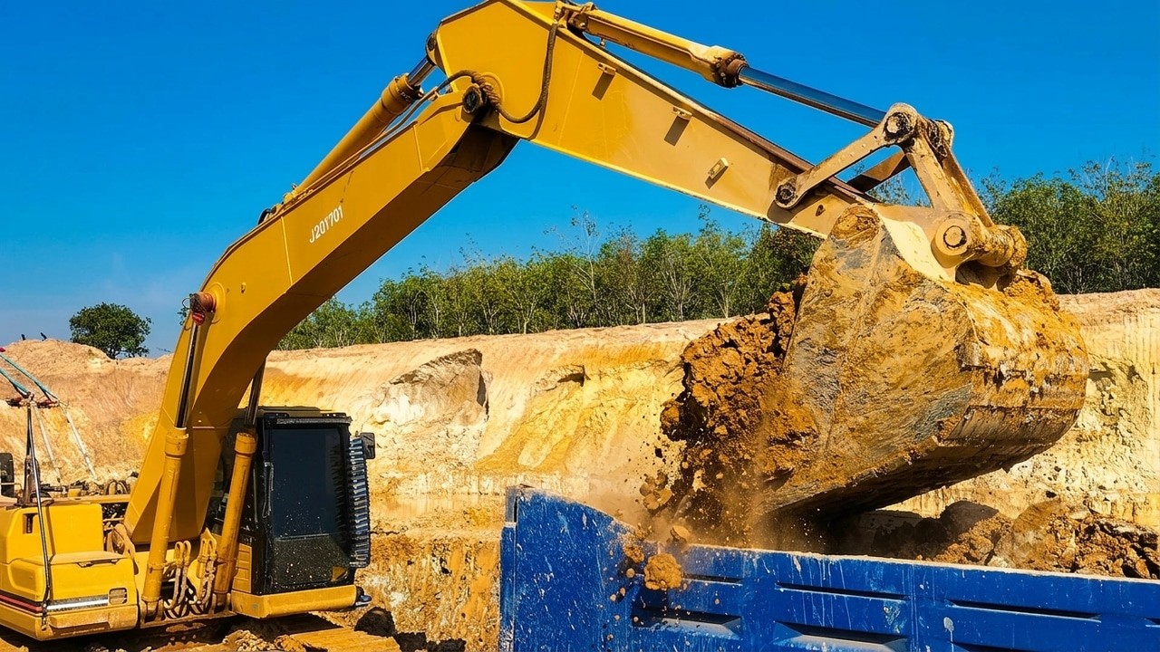 Yellow Excavator Loading Blue Dump Truck: Fast Cycle Time
