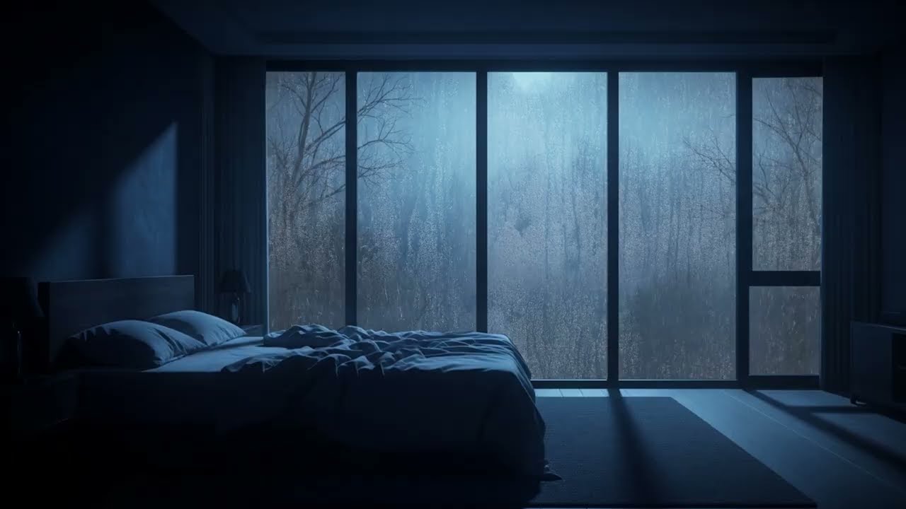 Heavy Rain on Window in a Forest Bedroom - Calming Rainstorm Ambience for Sleeping and Study