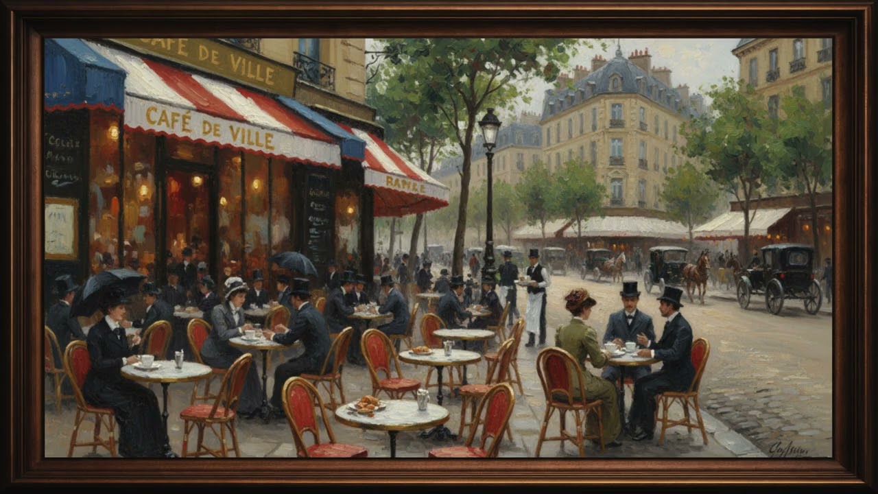 French Café Terrace | Framed Oil Painting Paris Street Art 4K (1 Hour Relaxing Background)