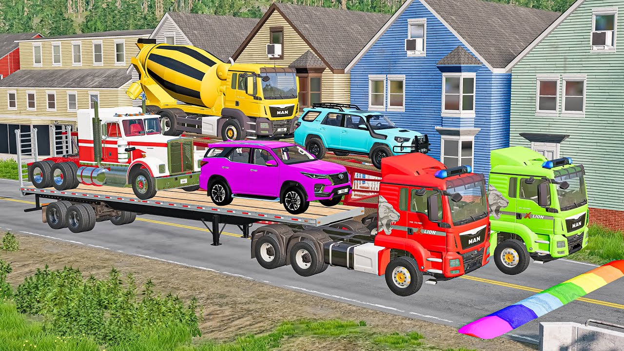 TRANSPORTING PIXAR CARS & FRUITS WITH COLORED & JOHN DEERE vs CLAAS vs TRACTORS - BeamNG.drive #962