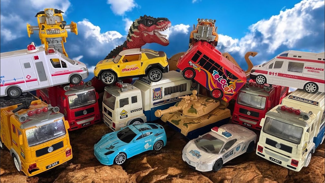 POLICE CAR, FIRE TRUCK, BUS TAYO, AMBULANCE, TRANSFORMERS, TANK BAJA AND TRUCK ARMY