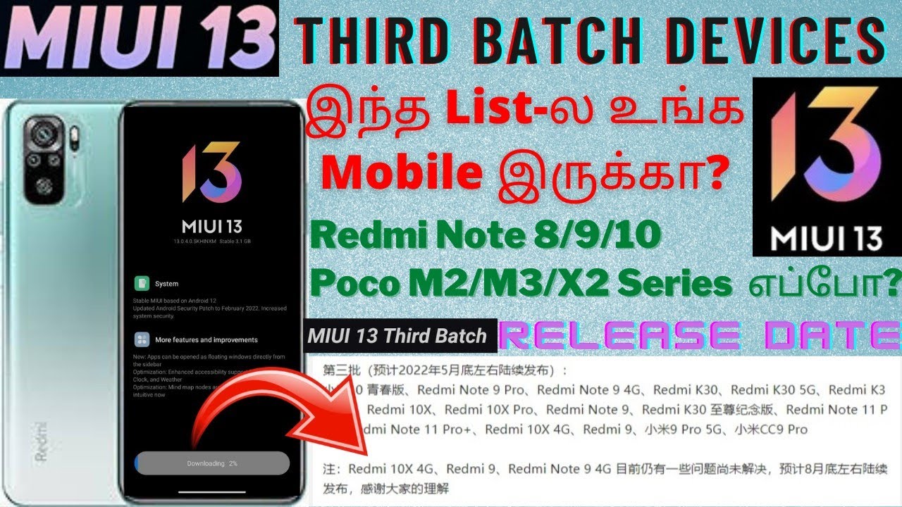 MIUI 13 Update Third Batch Release Device List | Redmi Note 8/9/10 and Poco X2/M2/M3 Series | Tamil