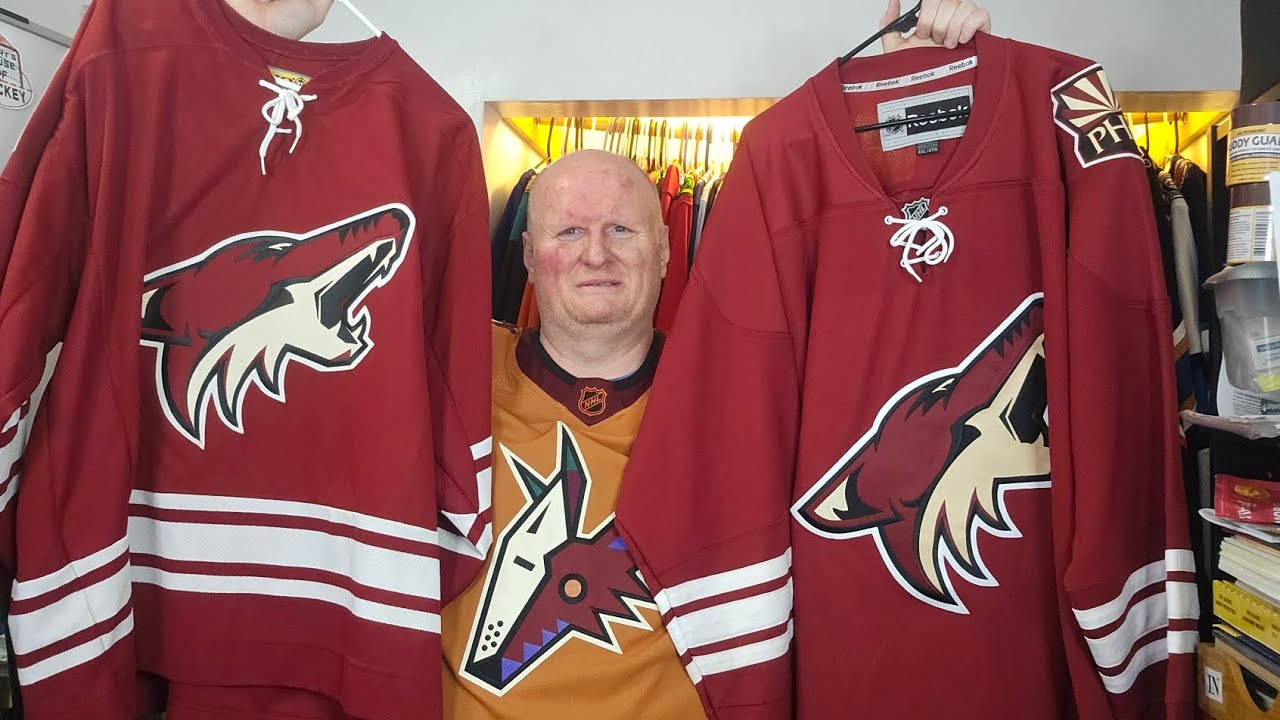 Jersey Comparison: Phoenix/Arizona Coyotes howling/yawning Coyotes jerseys.