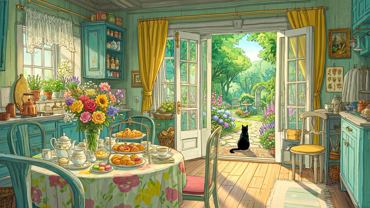 Peaceful Morning in a Cottage Kitchen by Blooming Garden with Classic 1940s Tunes from Another Room