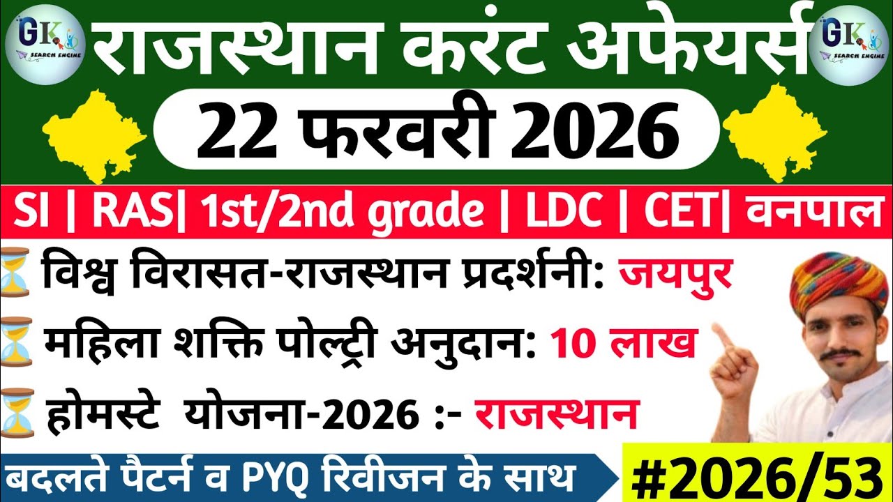 22 February Rajasthan Current Affairs 2026| 22 फरवरी 2026 राजस्थान करंट अफेयर्स| RPSC, RSSB