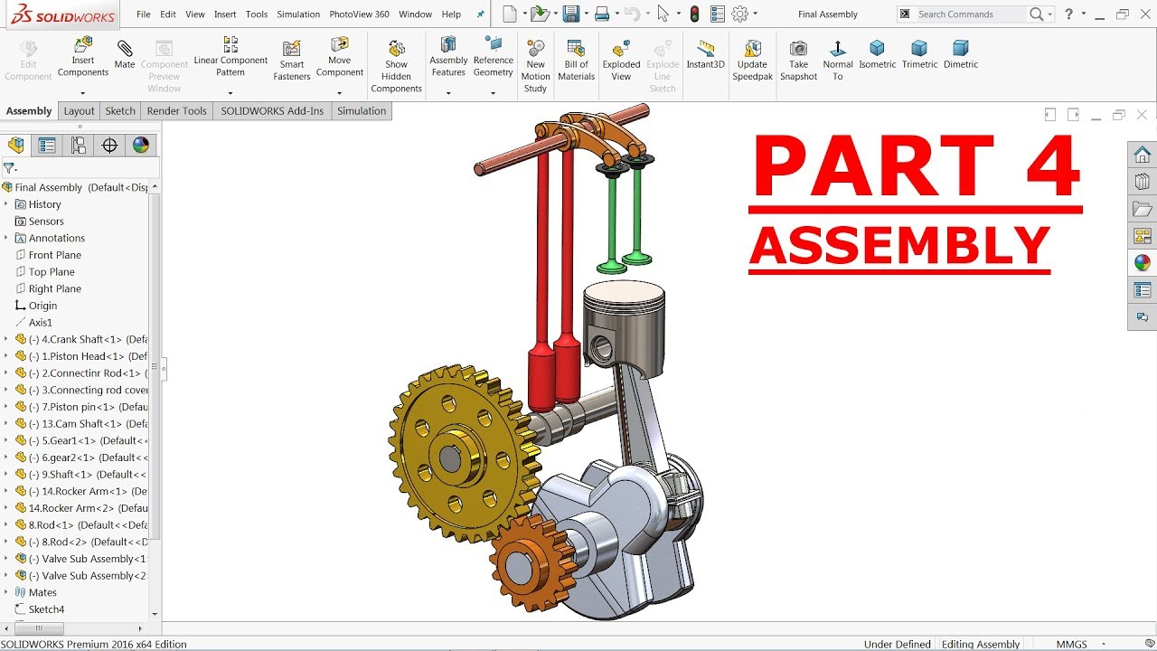 Solidworks tutorial Design of  Single cylinder Engine Assembly Part 4
