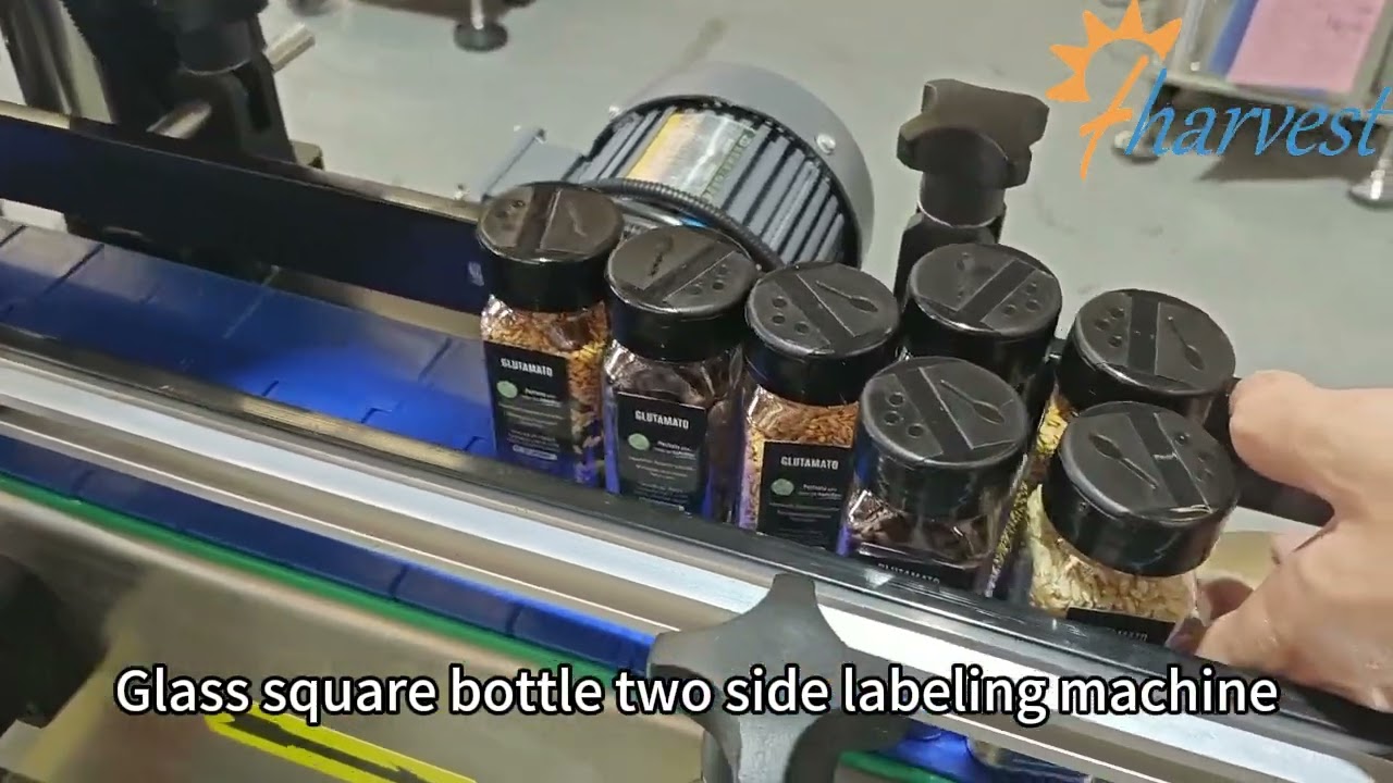 #Automatic adhesive two side labeling machine, #Glass square bottle double side #labeler equipment