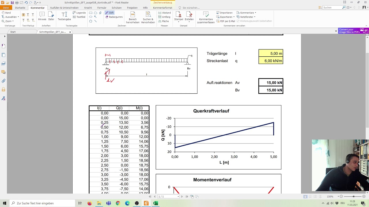 Excel Schnittgrößen Einfeldträger