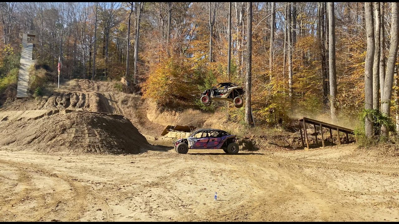Hitting a gap jump at Pastranaland—barely—in a Can-Am Maverick.