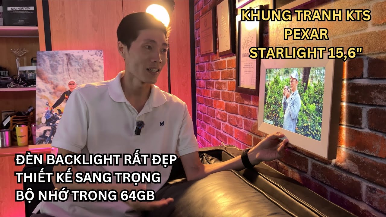 Trên tay khung ảnh kĩ thuật số Pexar Starlight: 15.6-inch, đèn viền rất đẹp, bộ nhớ trong 64GB